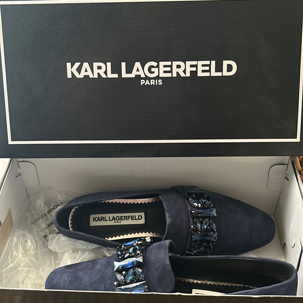 Karl Lagerfeld Paris NYRA Embellished Navy Blue Suede Lofer